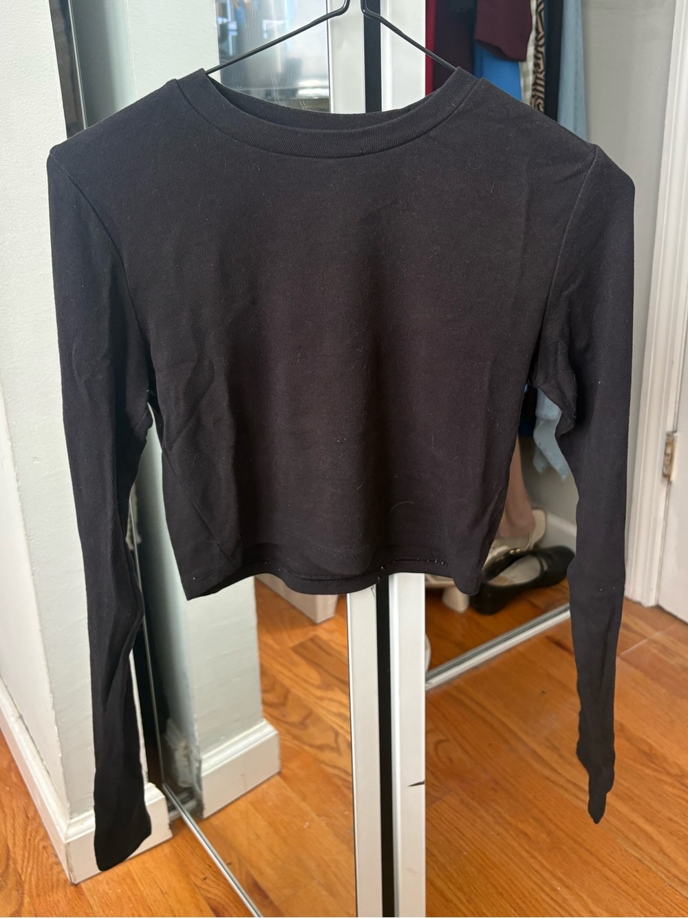 Zara Black Long-Sleeve Cropped Crewneck Top